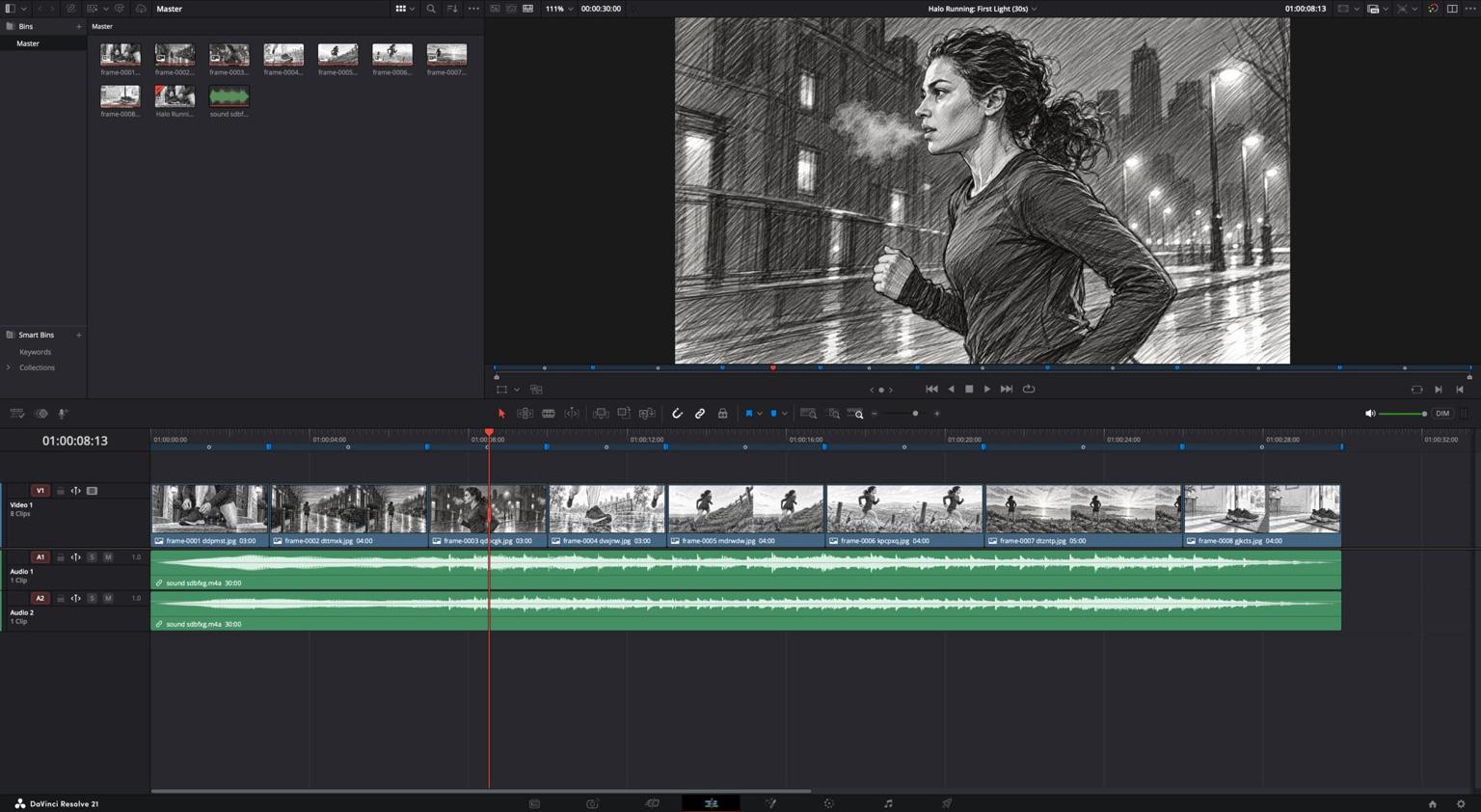 DaVinci Resolve Edit page after importing the Boords XML. The Media Pool holds eight stills, the timeline and the soundtrack. The timeline shows the eight stills on V1 named after their image files, with their durations, a blue marker on each frame along the ruler, and the soundtrack as two mono tracks on A1 and A2.
