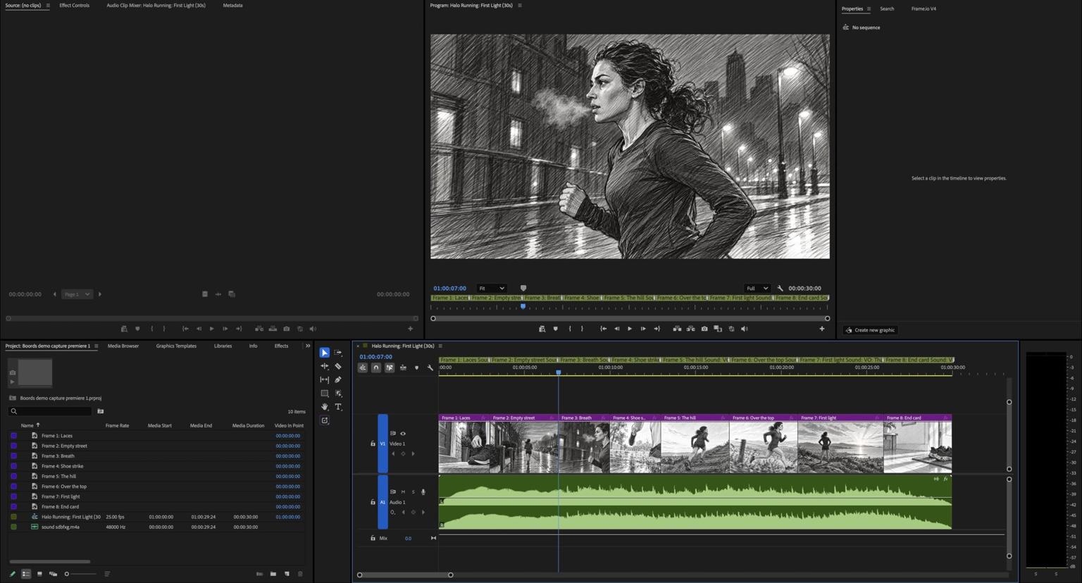 Premiere Pro after importing the Boords XML. The Project panel lists eight stills named Frame 1: Laces to Frame 8: End card, the 25fps sequence and the soundtrack. The timeline shows the eight stills on V1 at their Boords timings, a marker above each one with its sound note, and the stereo soundtrack on A1.