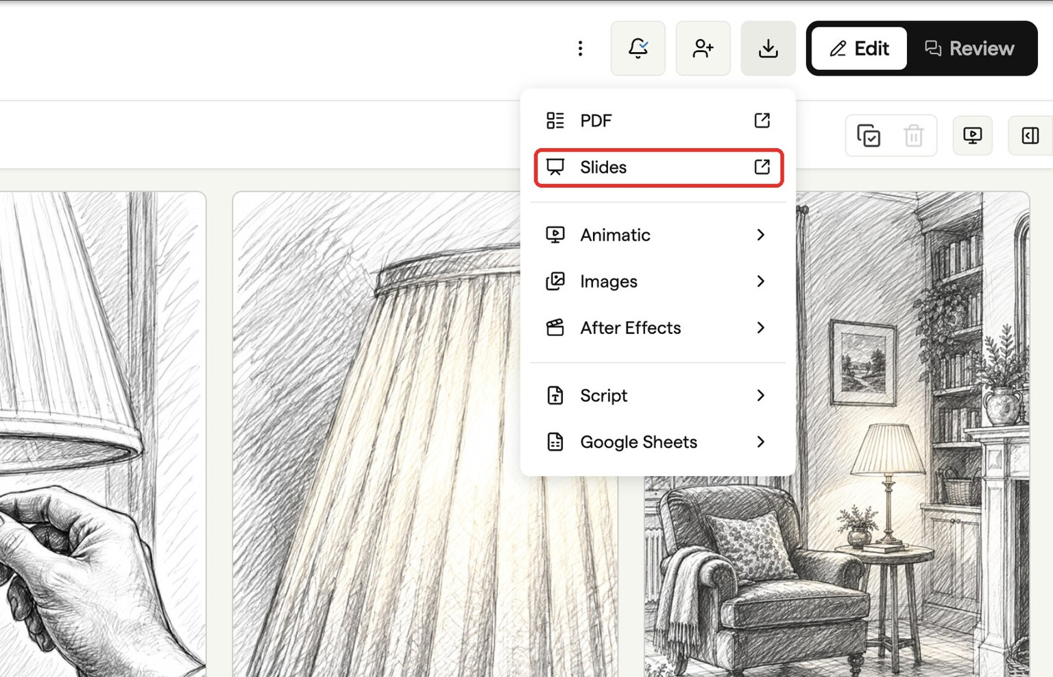 The Boords Export menu open on a storyboard, with Slides listed under PDF