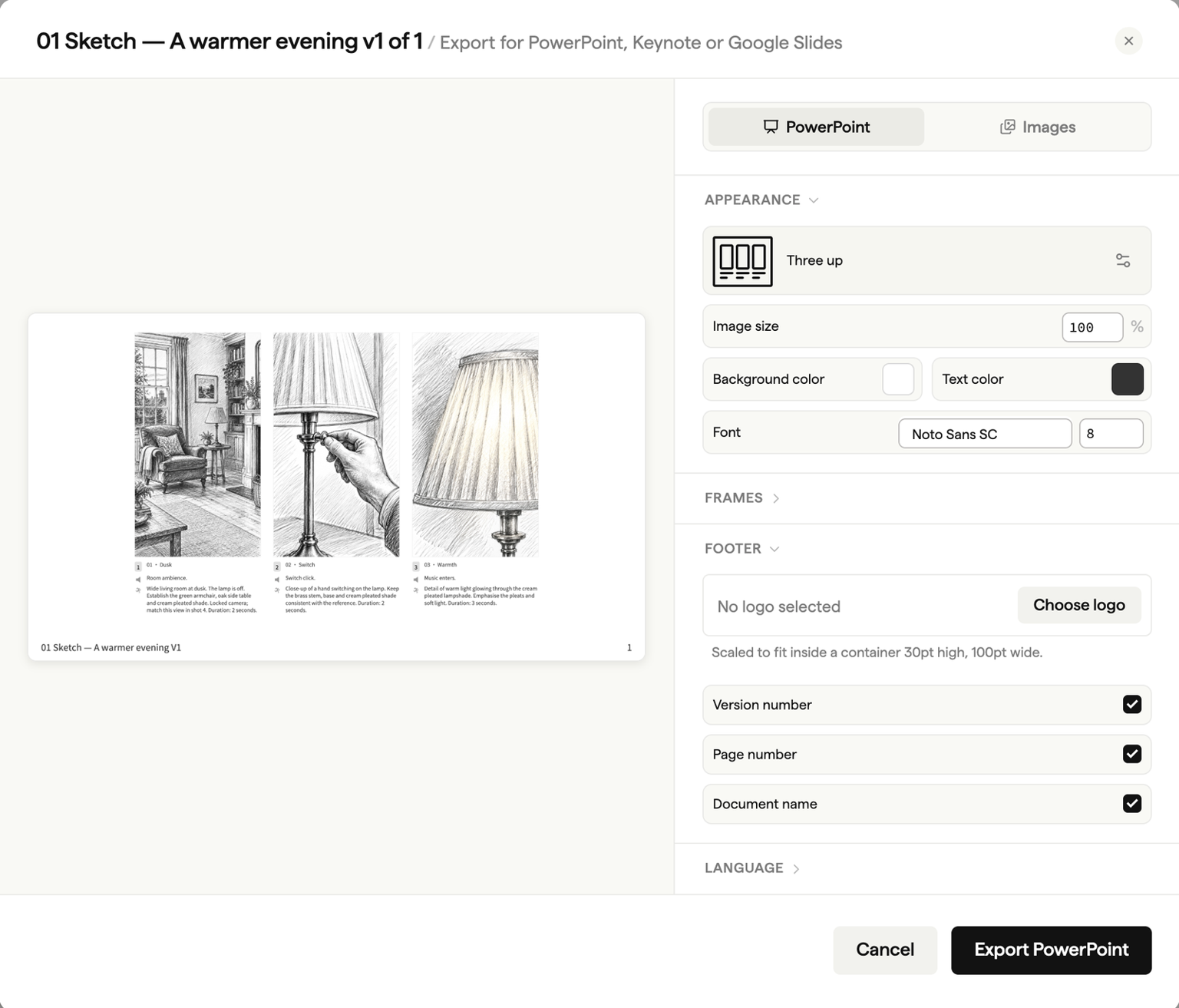 The Slides export window with PowerPoint selected, a slide preview on the left and Appearance and Footer settings on the right