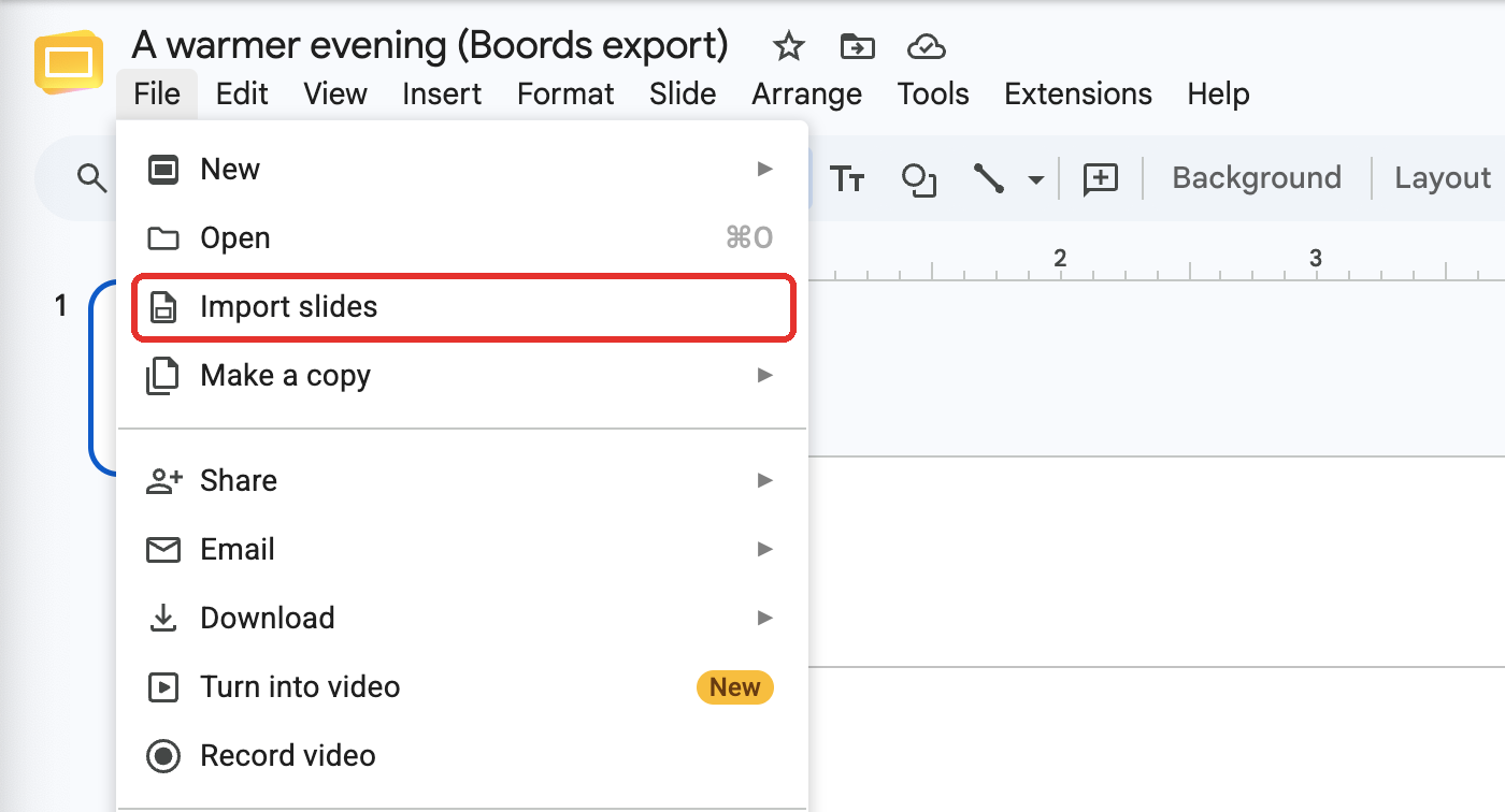 The Google Slides File menu with Import slides highlighted
