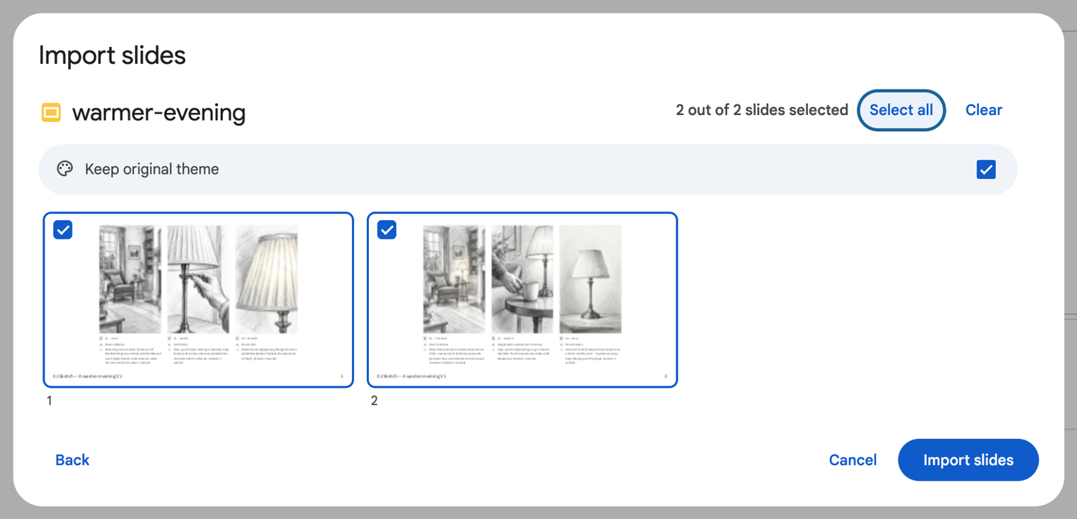 The Google Slides Import slides window showing both slides from the Boords deck selected