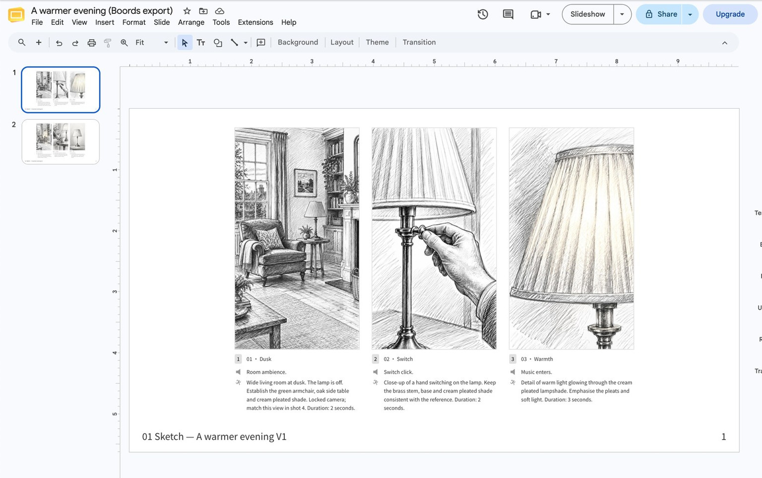 The imported Boords deck open in Google Slides, with three frames, their sound and action notes, and the storyboard name in the footer