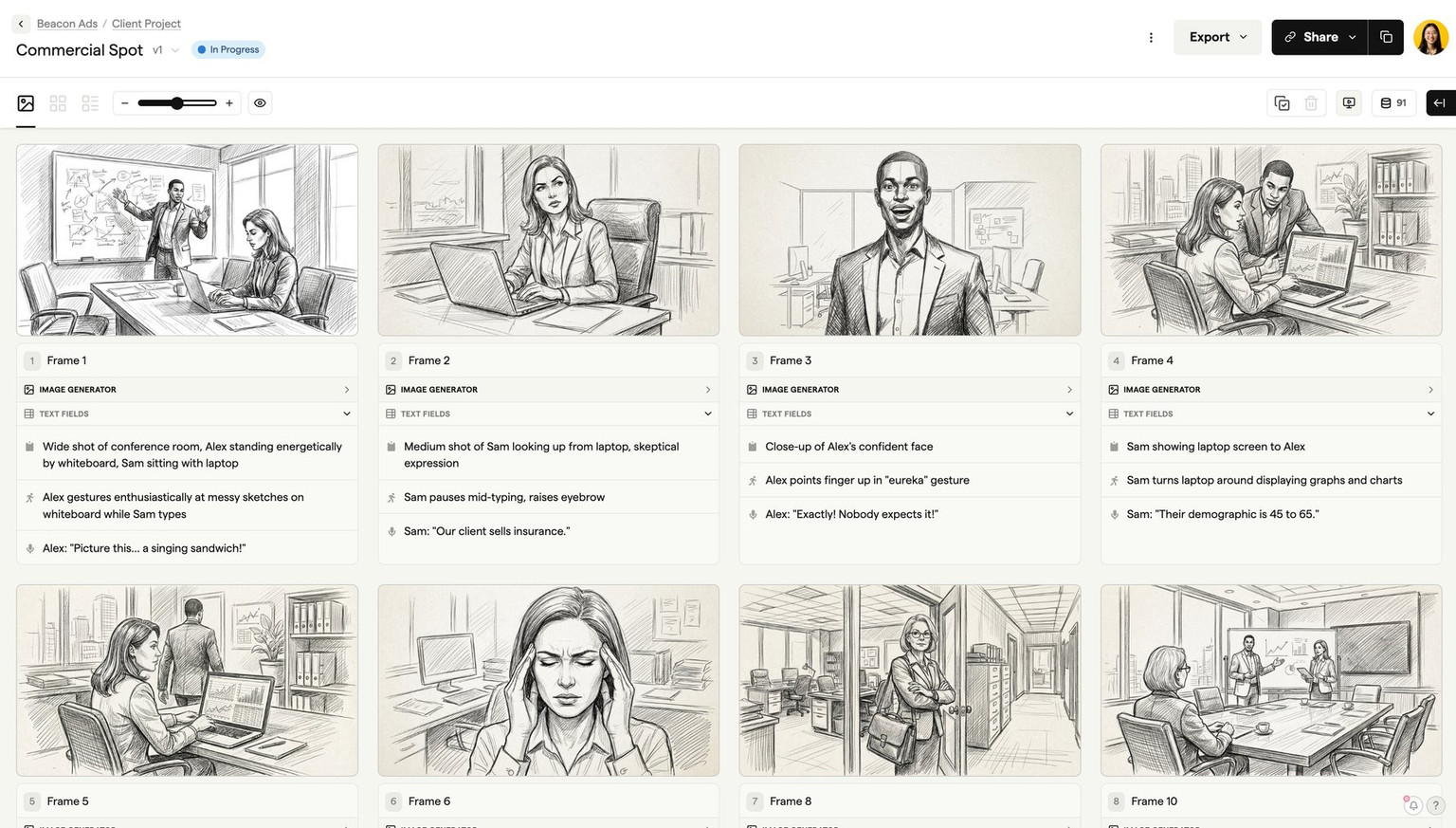 AI-generated storyboard in sketch art style showing hand-drawn frame compositions