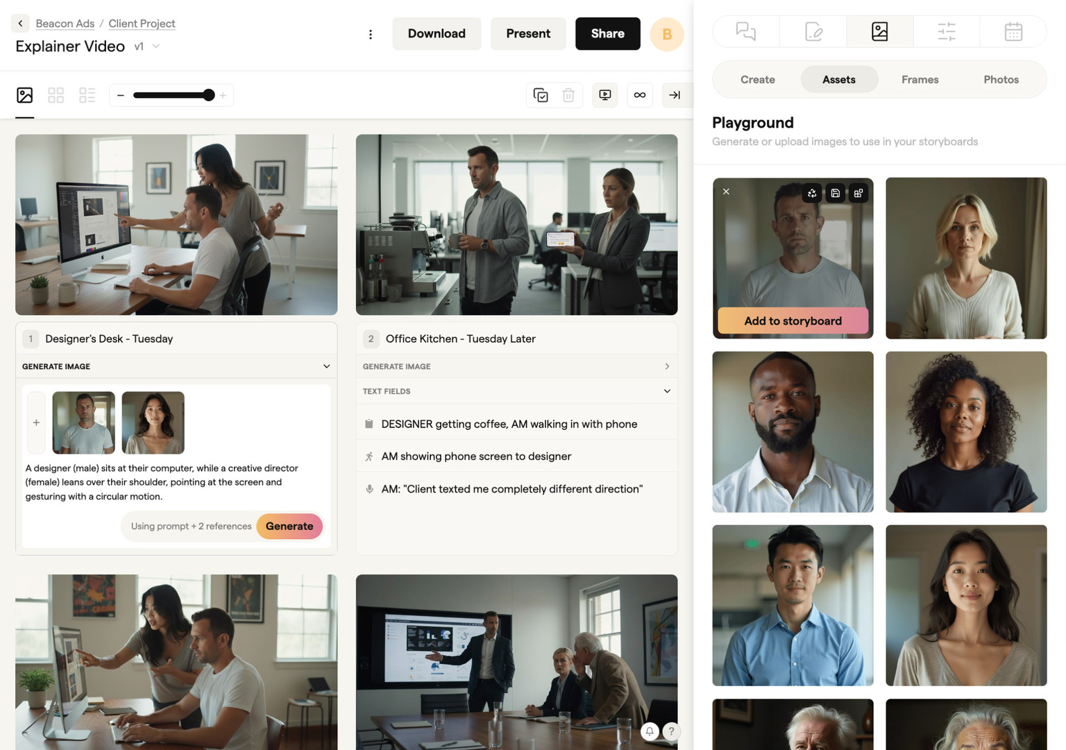 Character cast panel with consistent AI-generated characters for storyboard scenes