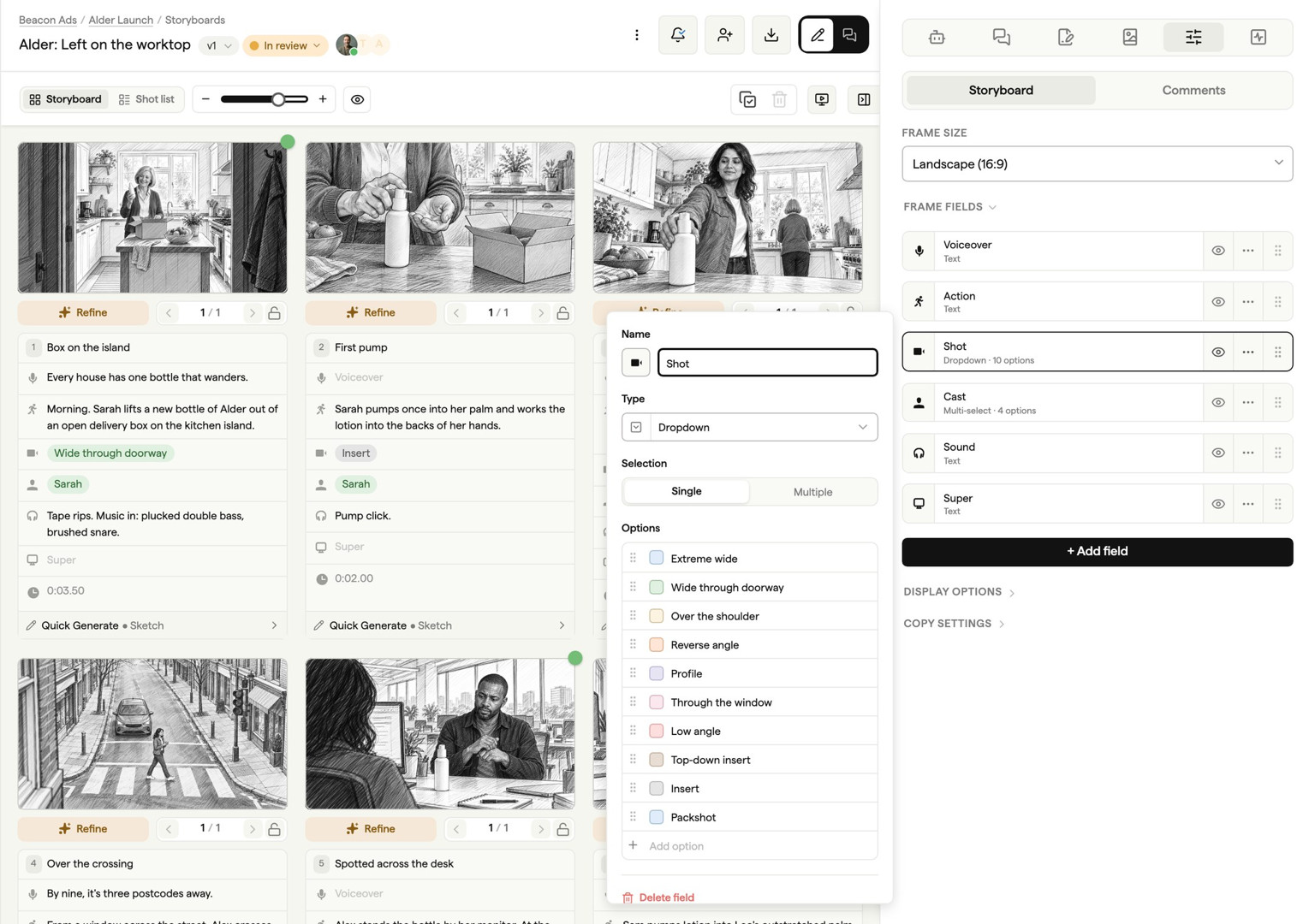 Adding custom metadata fields to storyboard frames for production planning