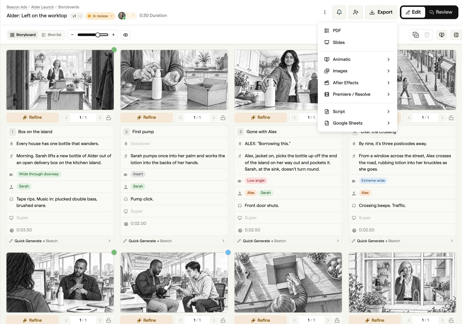 Export options for storyboards including PDF, MP4, and shot list formats
