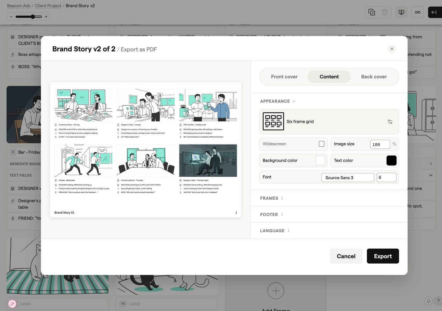 Export options for storyboards including PDF, MP4, and shot list formats