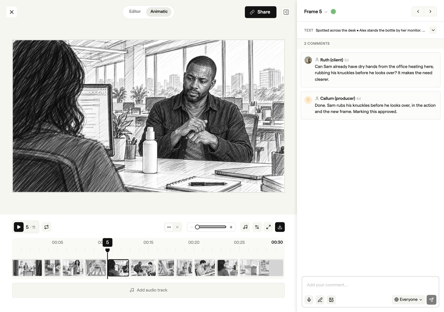 Client feedback and frame-level comments on a storyboard in Boords