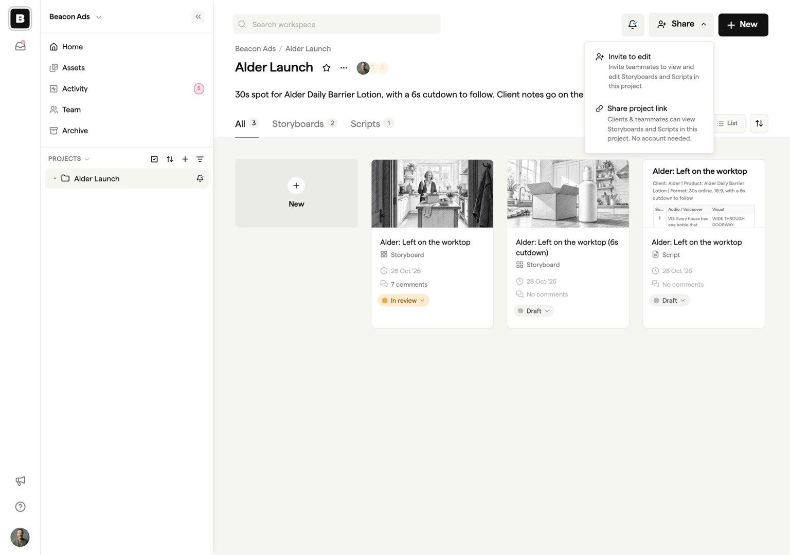 Project folder view for organizing storyboards and creative assets