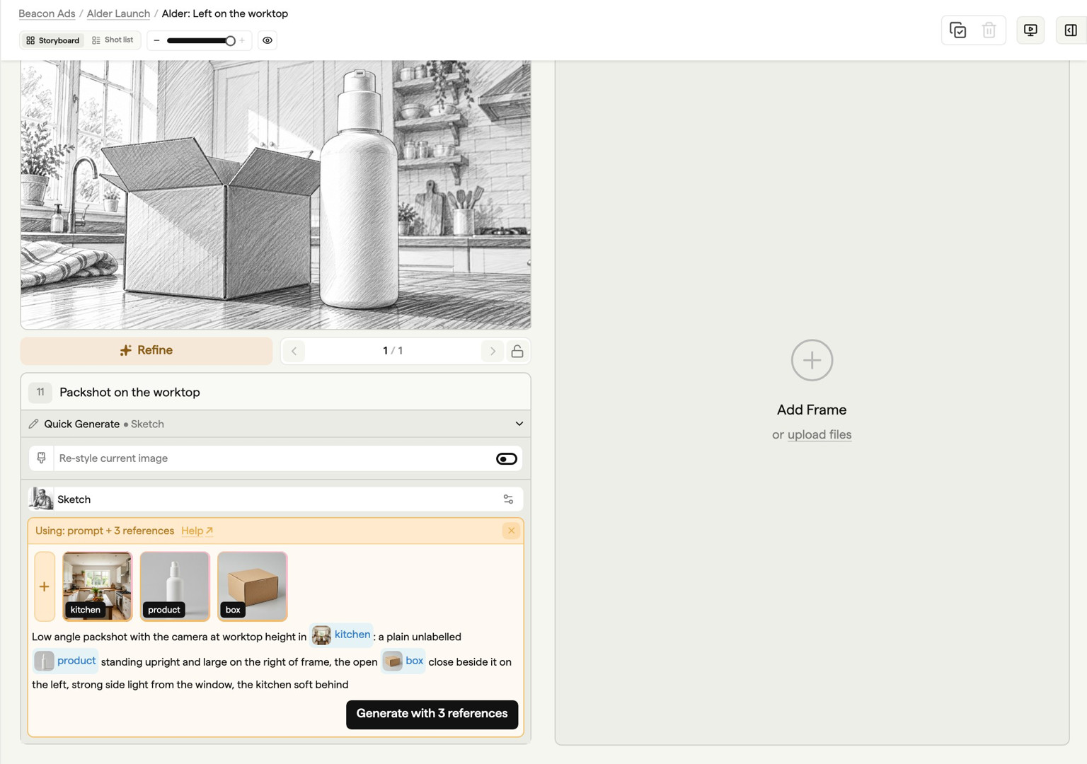 Quick Generate panel on the packshot frame of the Alder storyboard, prompting with kitchen, product and box references
