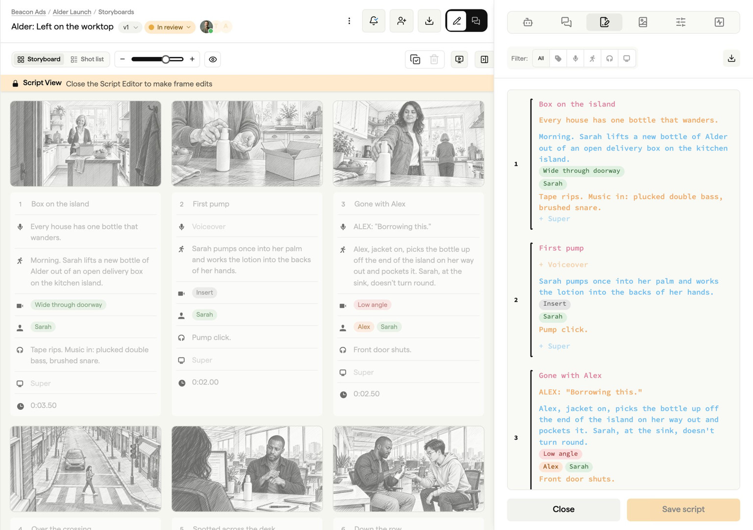 Script editor panel alongside storyboard frames in Boords storyboard software