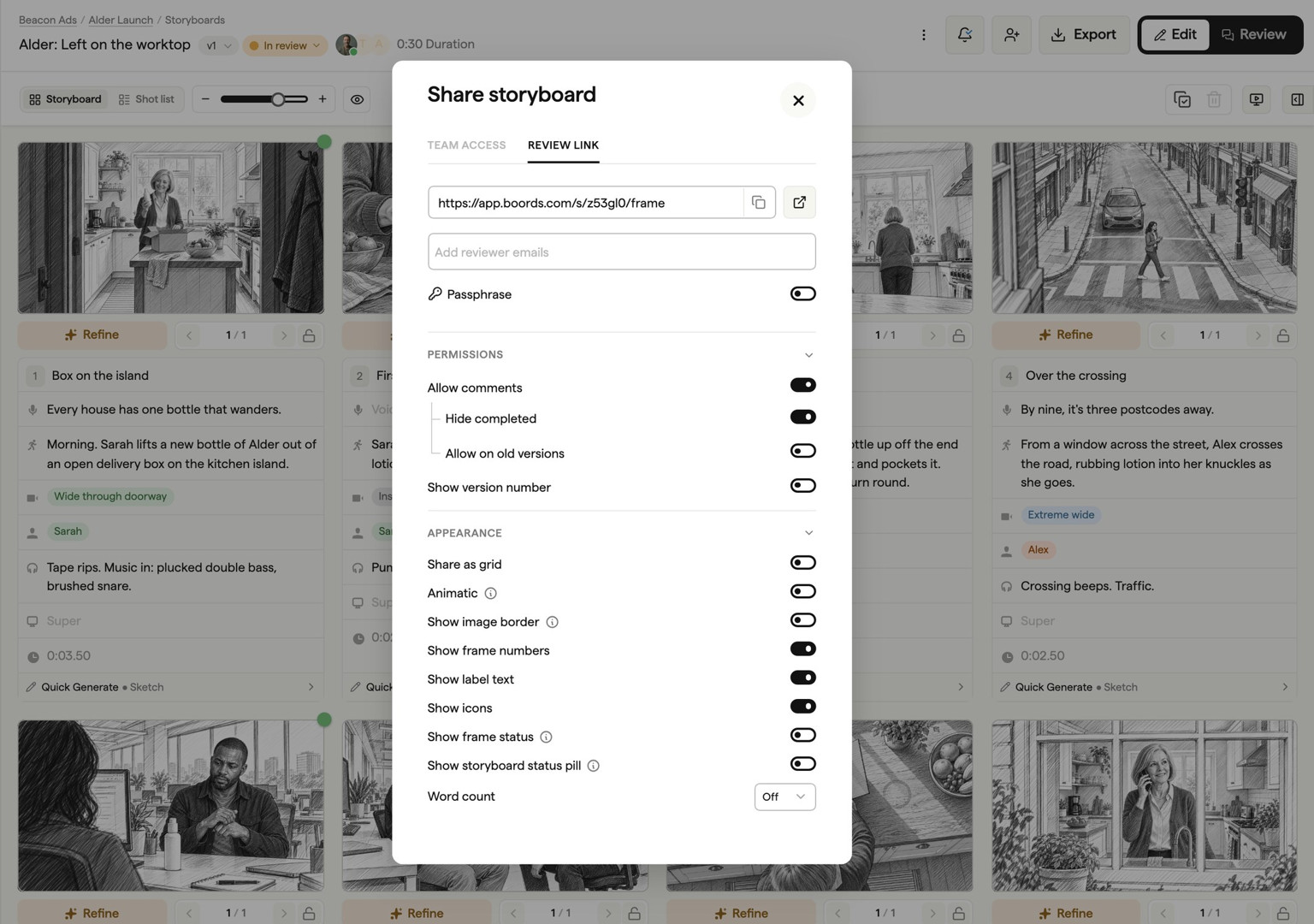 Sharing a storyboard via secure link with passphrase protection in Boords