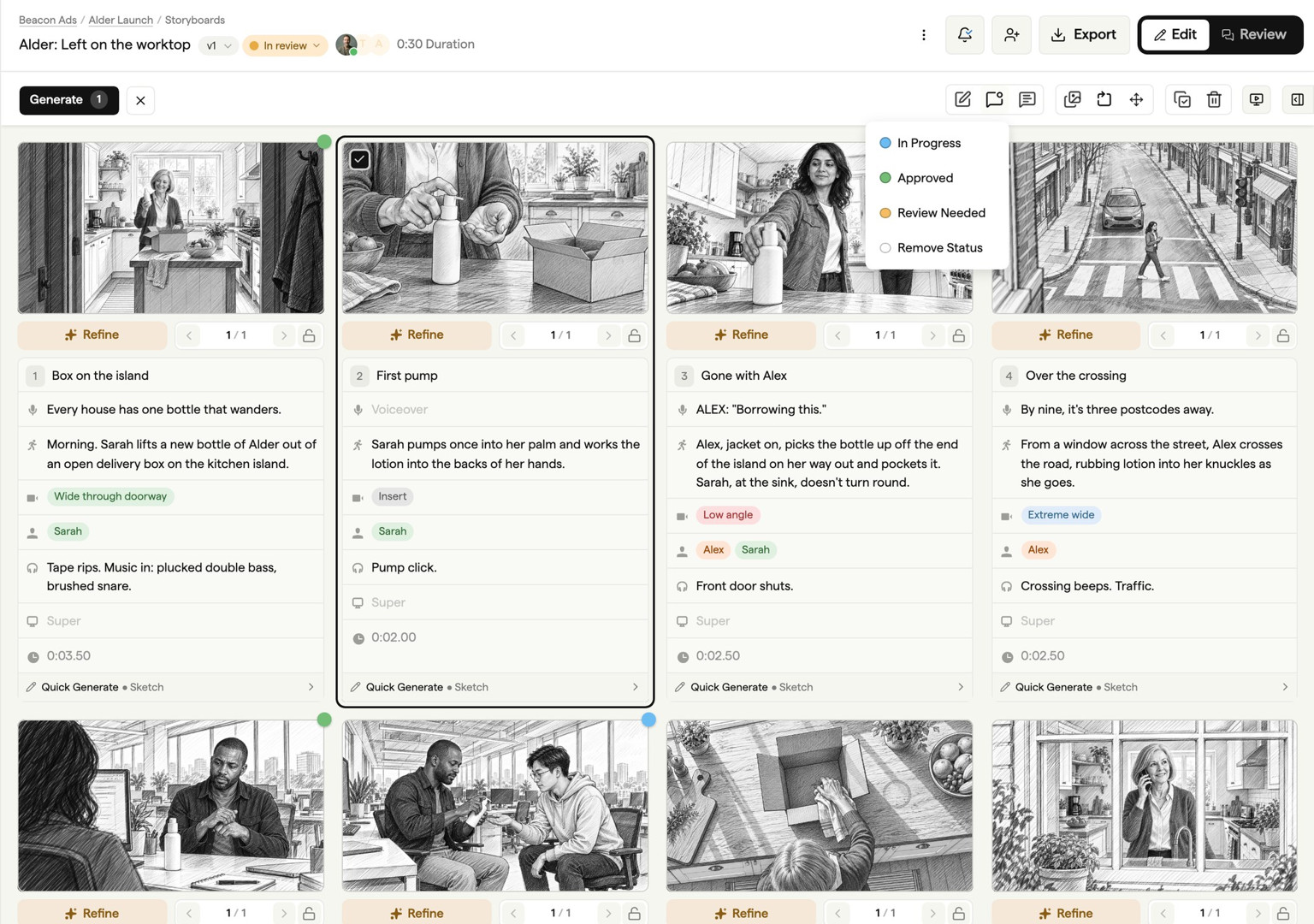 Frame status menu on a selected storyboard frame, with In Progress, Approved and Review Needed options