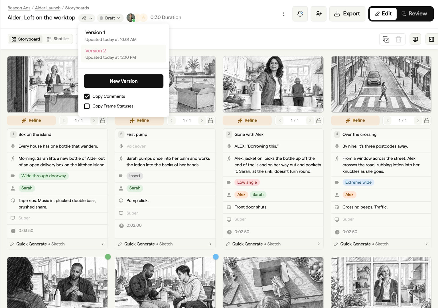 Version menu on a storyboard listing Version 1 and Version 2, with options to copy comments and frame statuses into a new version