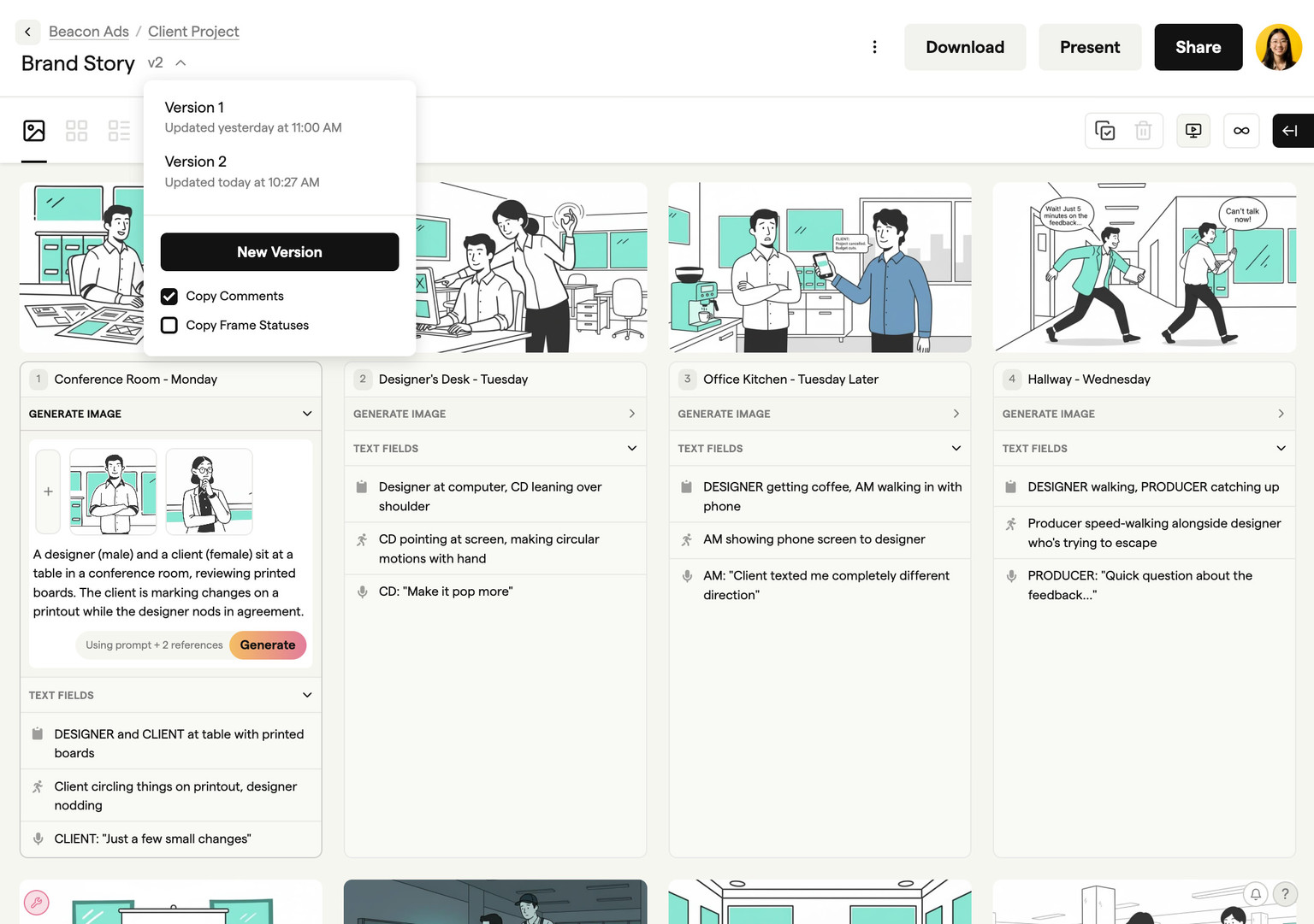 Version history panel comparing storyboard revisions side by side