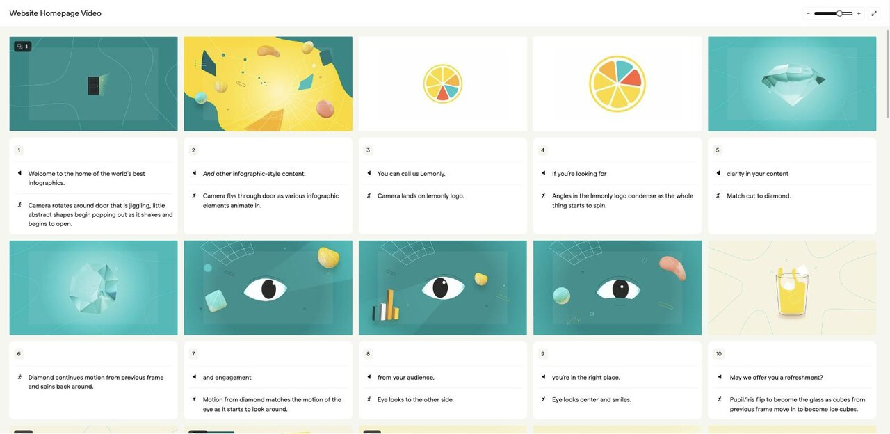 Lemonly's Website Homepage Video storyboard in Boords, with the script and animation direction under each frame