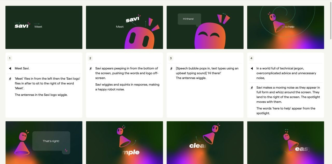 Silver's Ecommpay Savi storyboard in Boords, with character animation frames, voice-over, and action notes