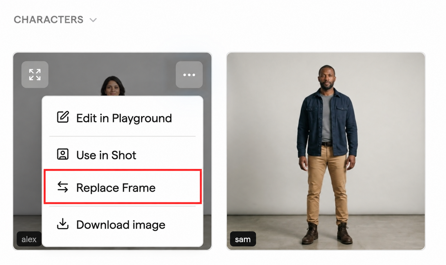 The image's three-dot menu in Saved Assets, with Replace Frame highlighted in red