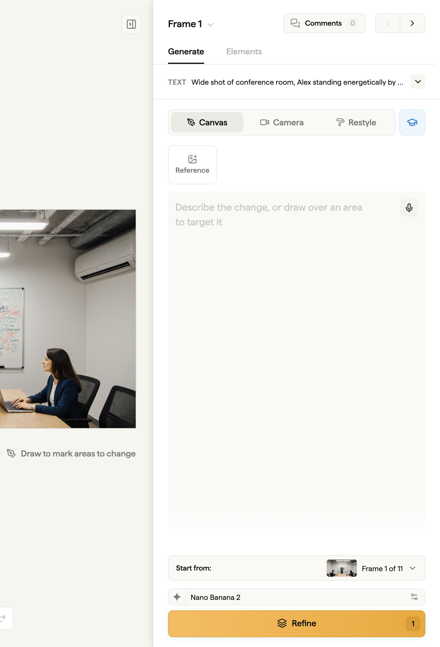 Canvas controls with a frame reference and Nano Banana 2 selected