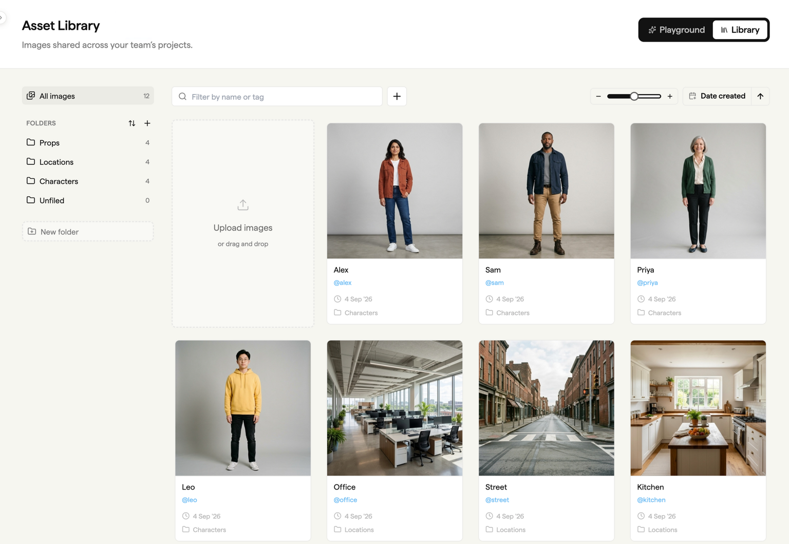 The Asset Library showing folders, image names and mention tags