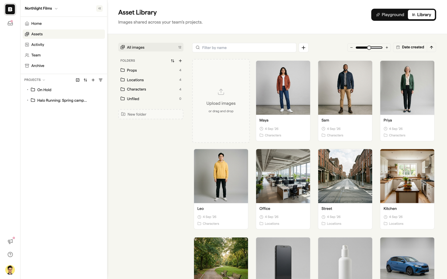 The Asset Library with folders on the left and the image grid on the right