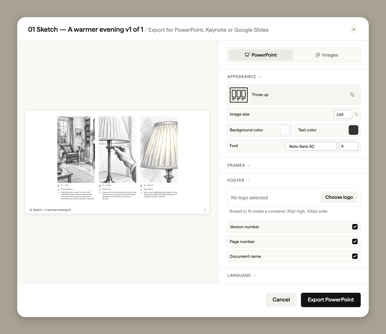 The Slides export window with PowerPoint selected, a slide preview, and Appearance and Footer settings
