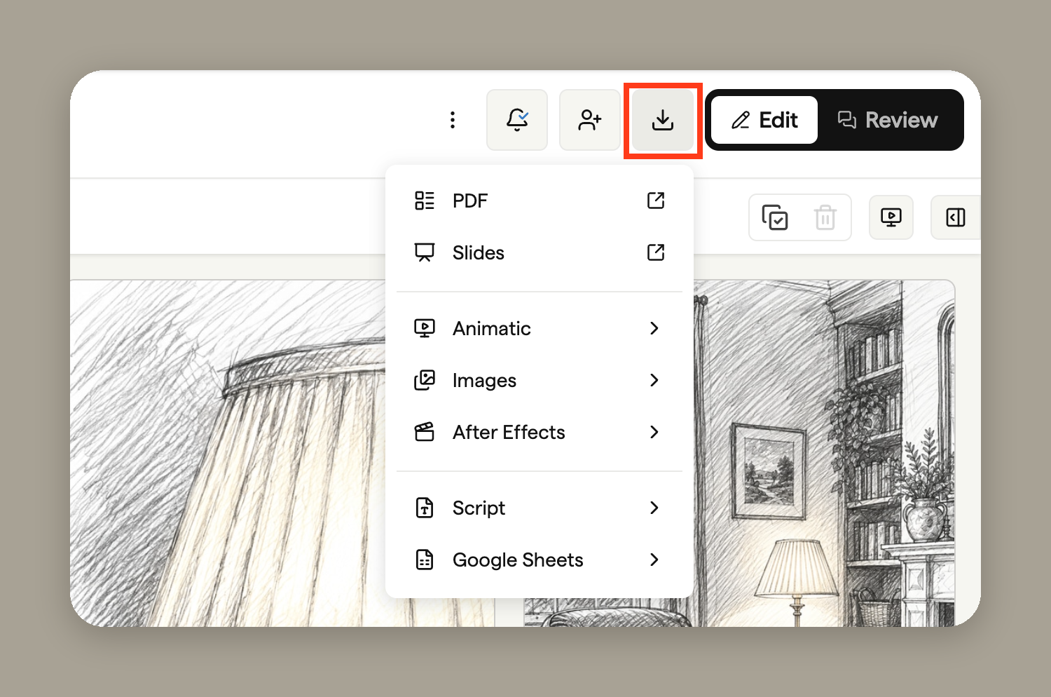 The storyboard Download menu with PDF, Slides, Animatic, Images, After Effects, Script and Google Sheets