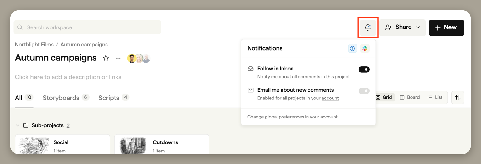 Project page bell menu open, showing Notifications with Follow in Inbox turned on and Email me about new comments