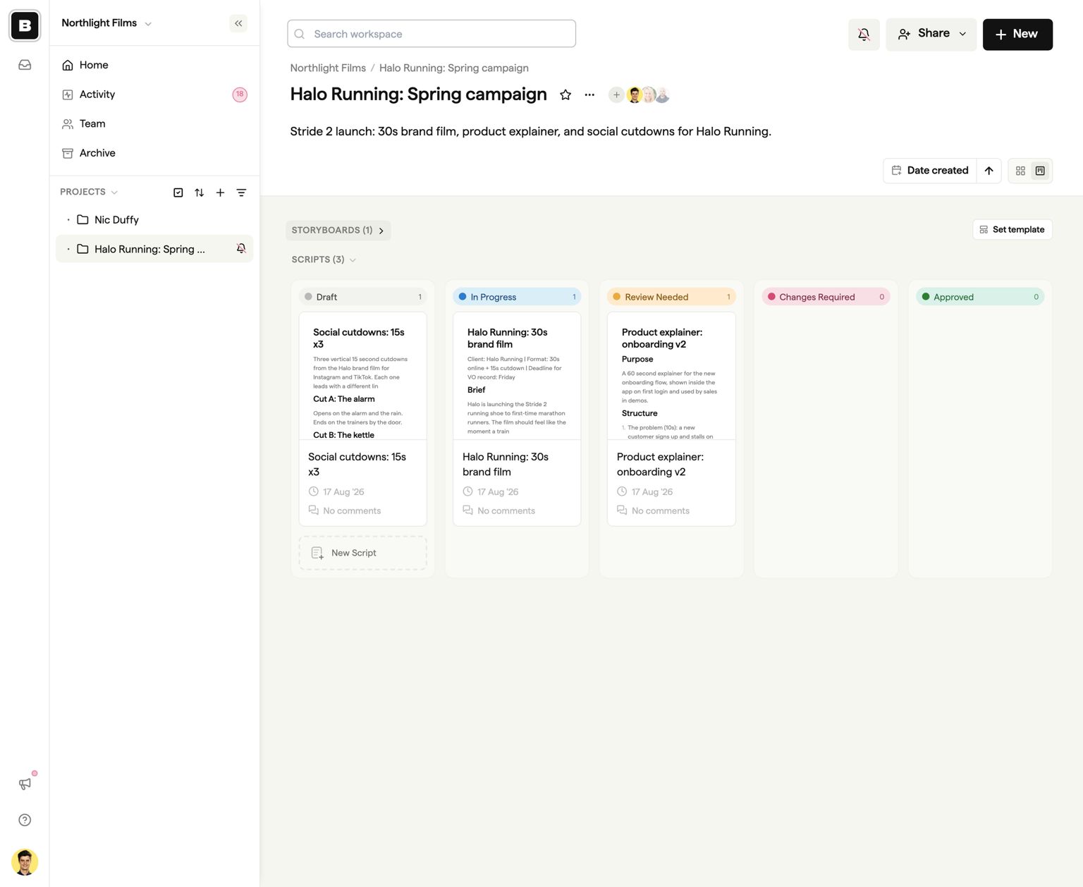 Kanban view with script cards grouped into status columns
