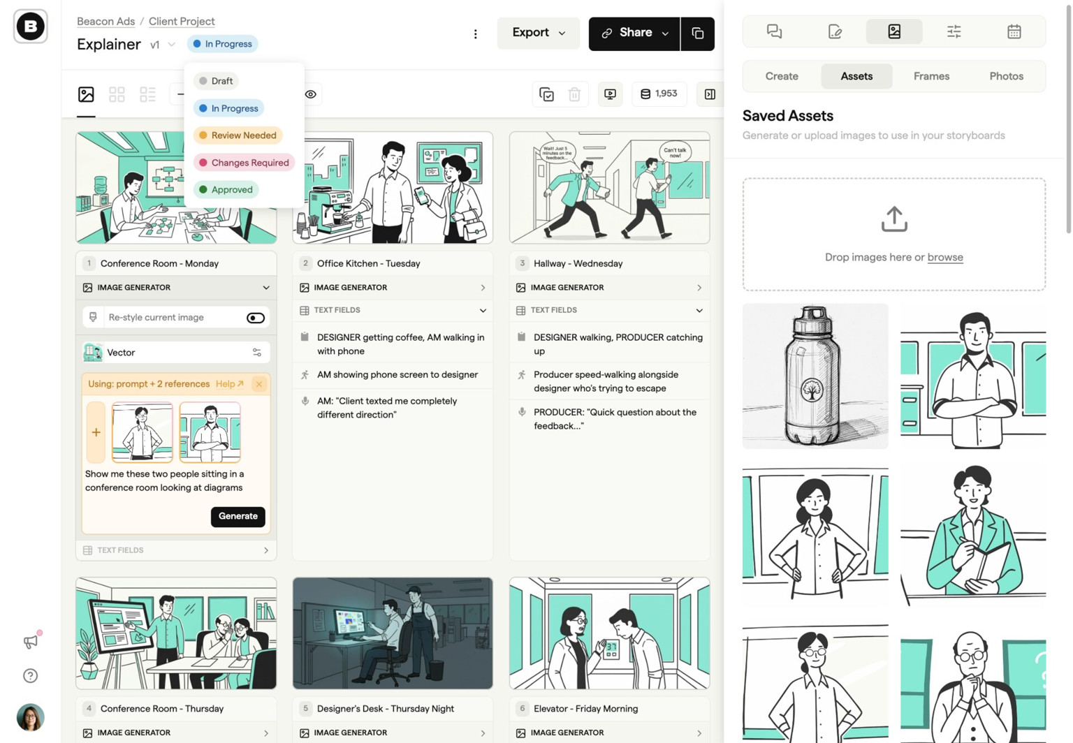 A Boords frame showing both an uploaded reference image and a generated variant side by side