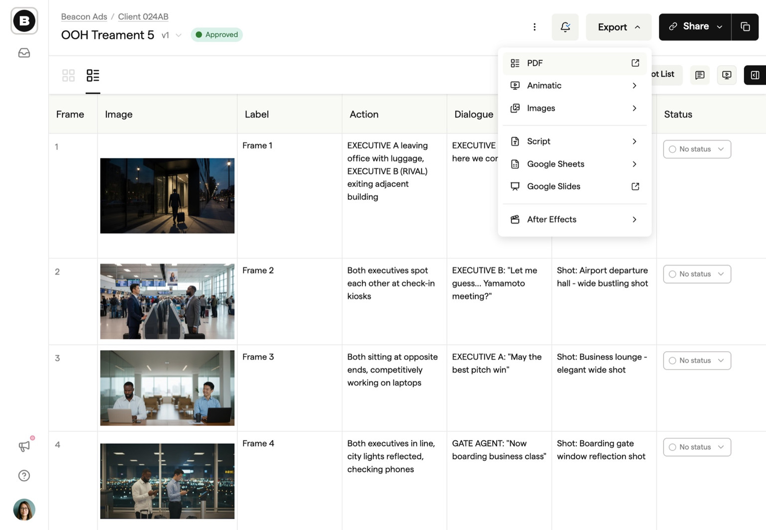 Boords shot list view for moving approved storyboards into production