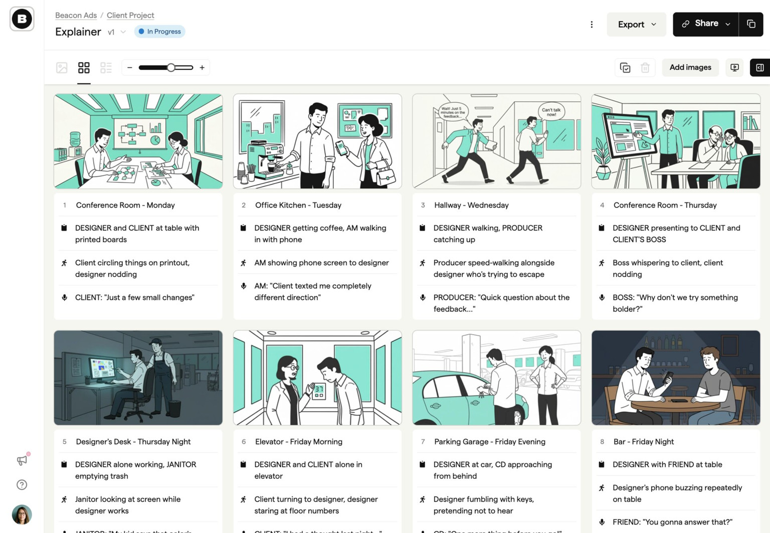 Boords storyboard view of the scene