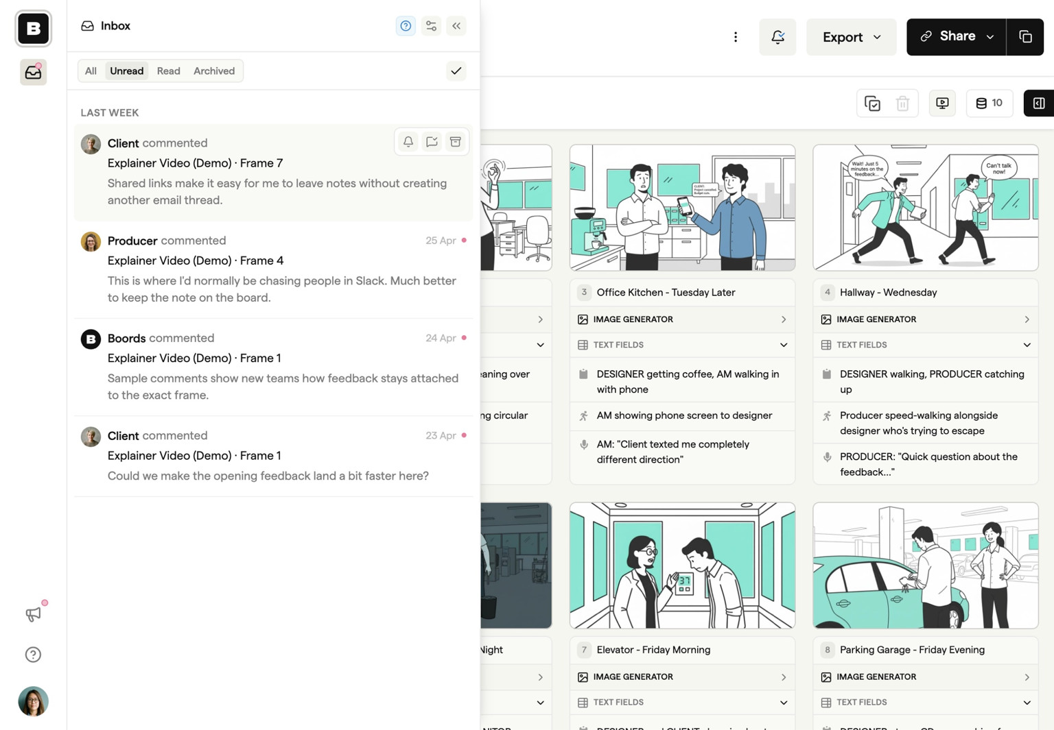Version history panel for processing storyboard feedback