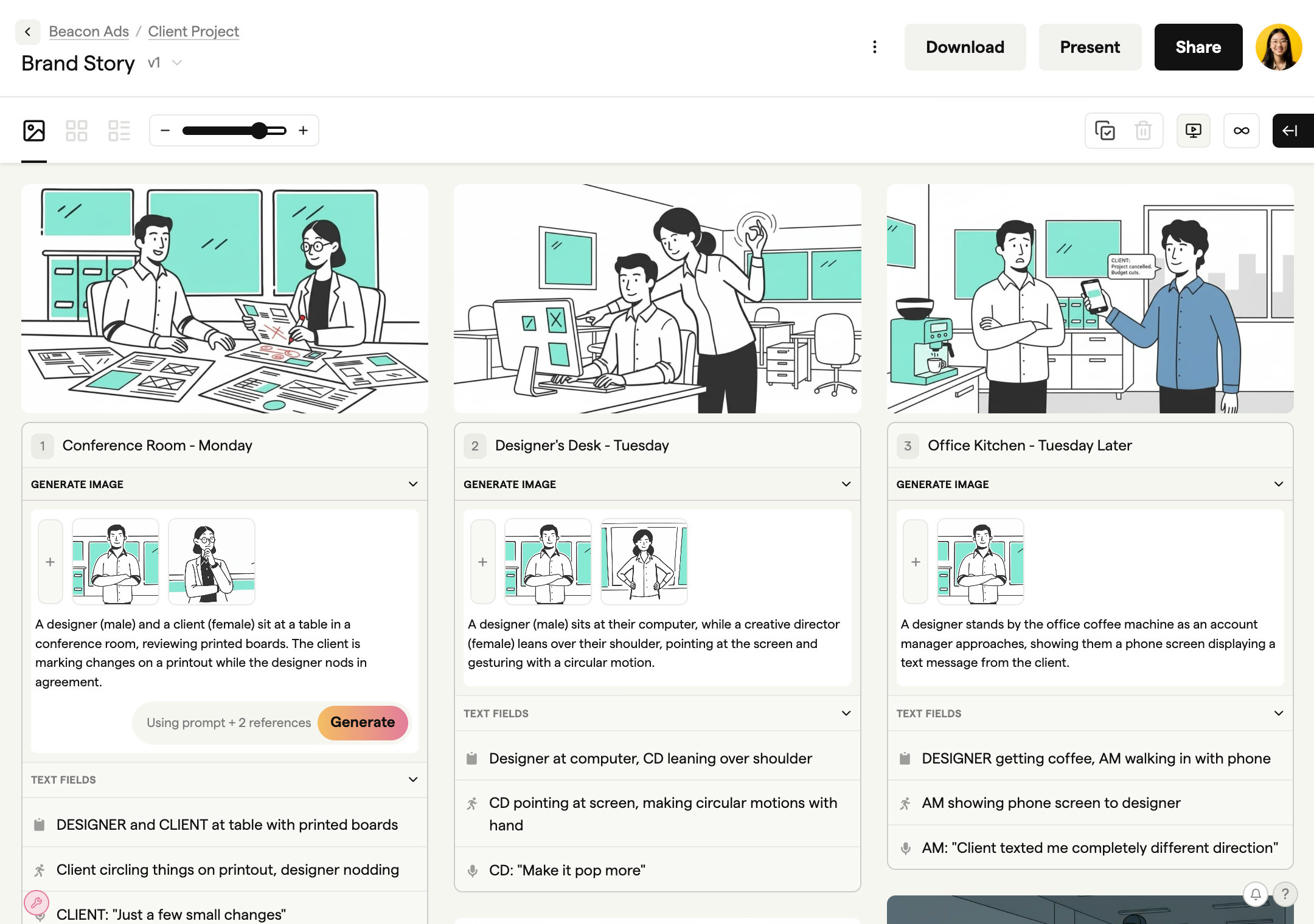 AI storyboard generator turning a rough doodle into a polished storyboard frame