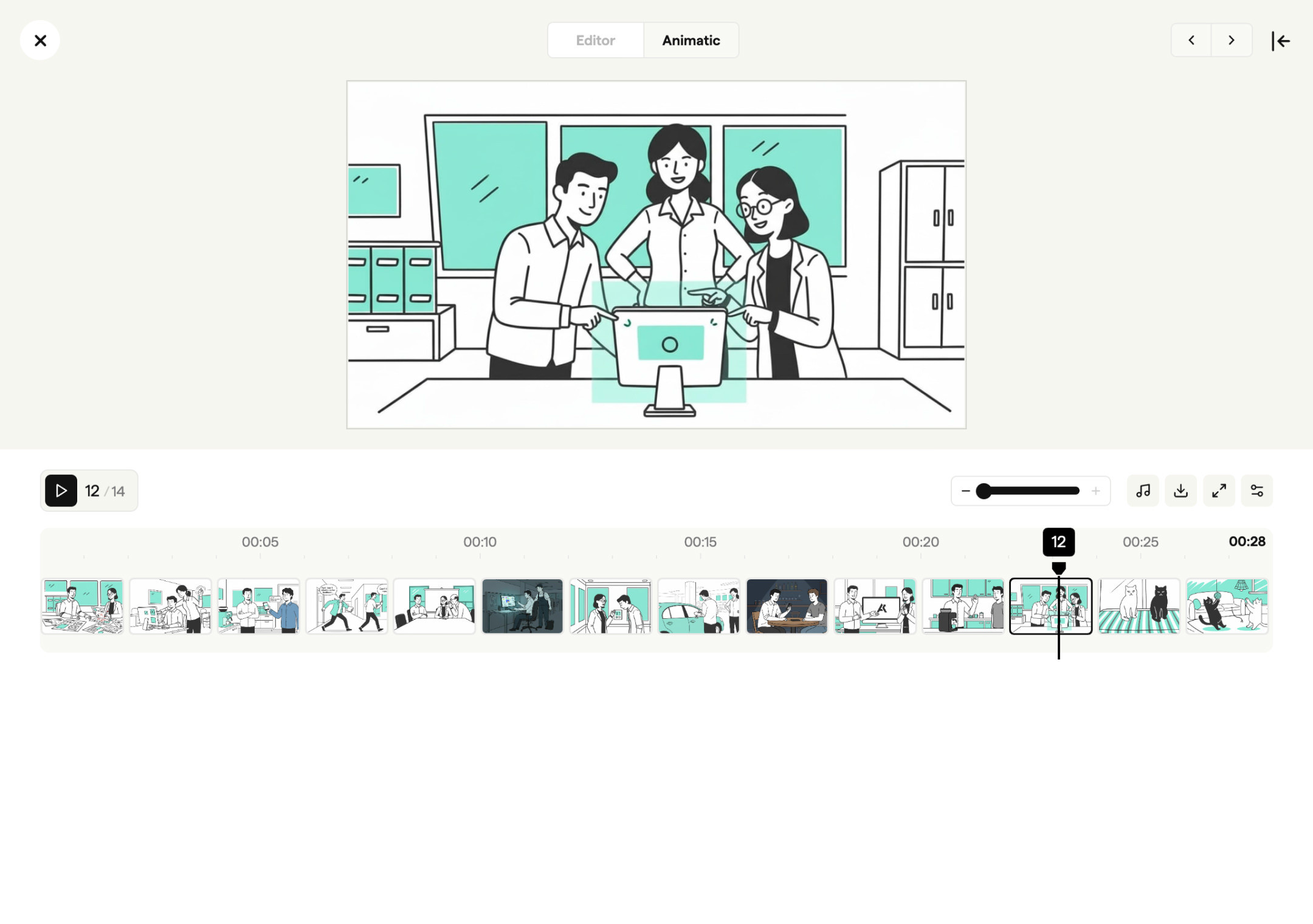 Video animatic player previewing storyboard timing with audio waveform