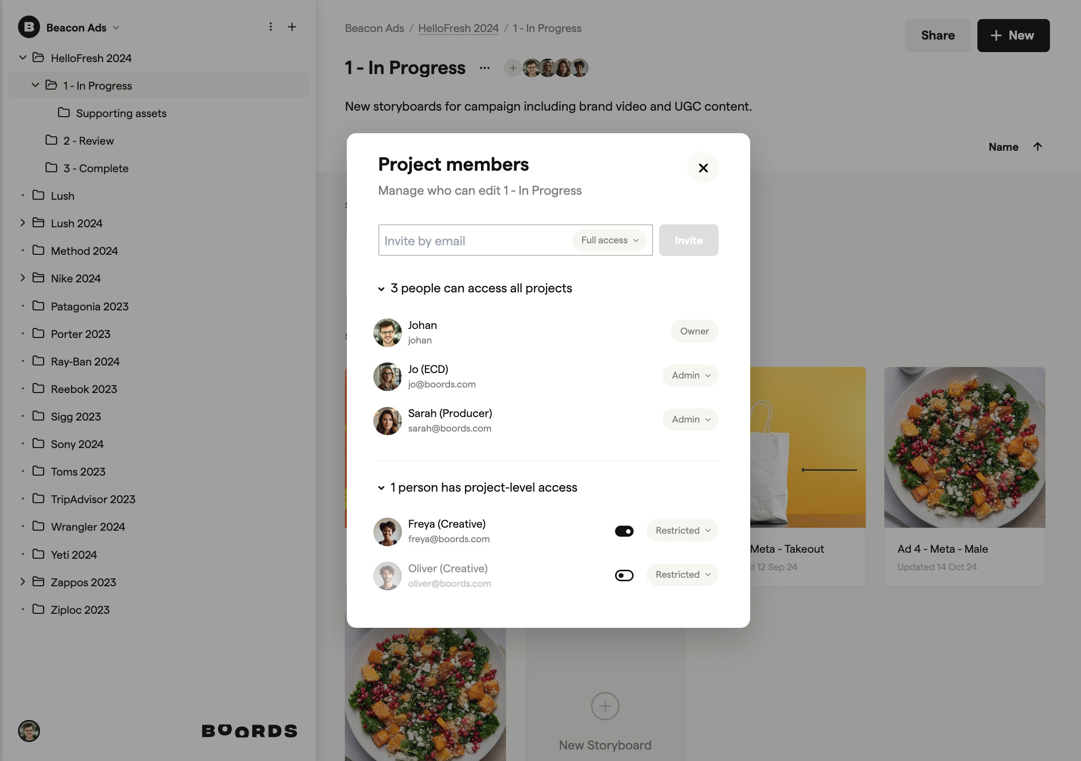 Real-time collaboration on a storyboard with multiple team member cursors