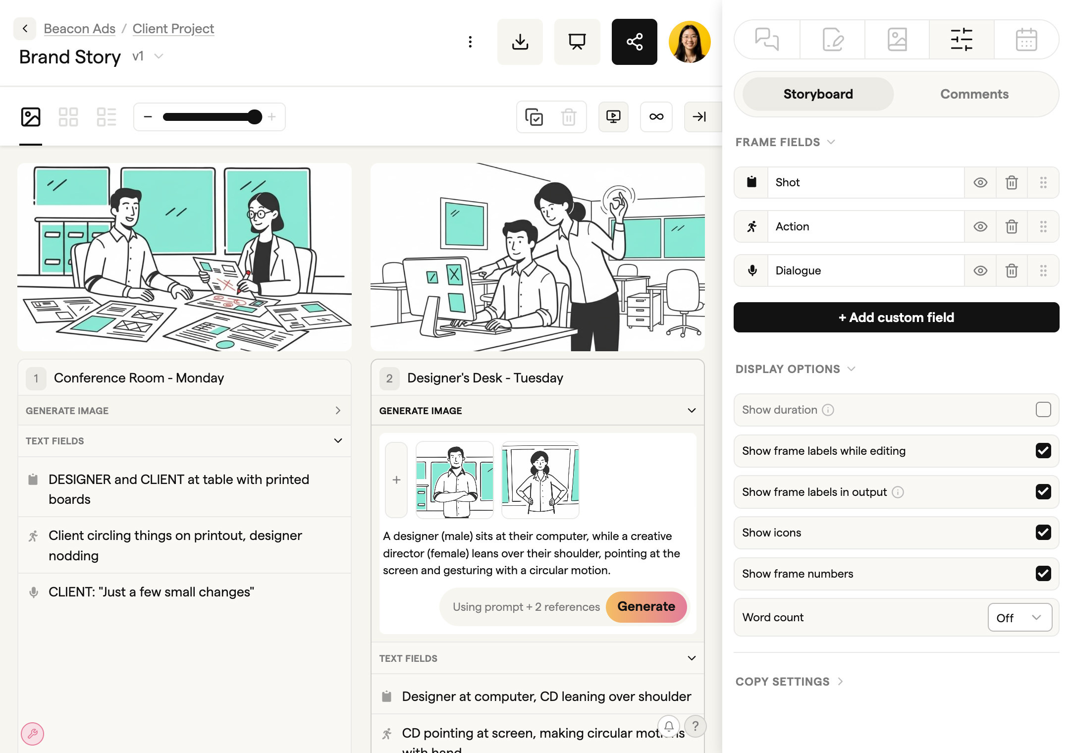 Custom fields editor for adding project-specific metadata to storyboard frames