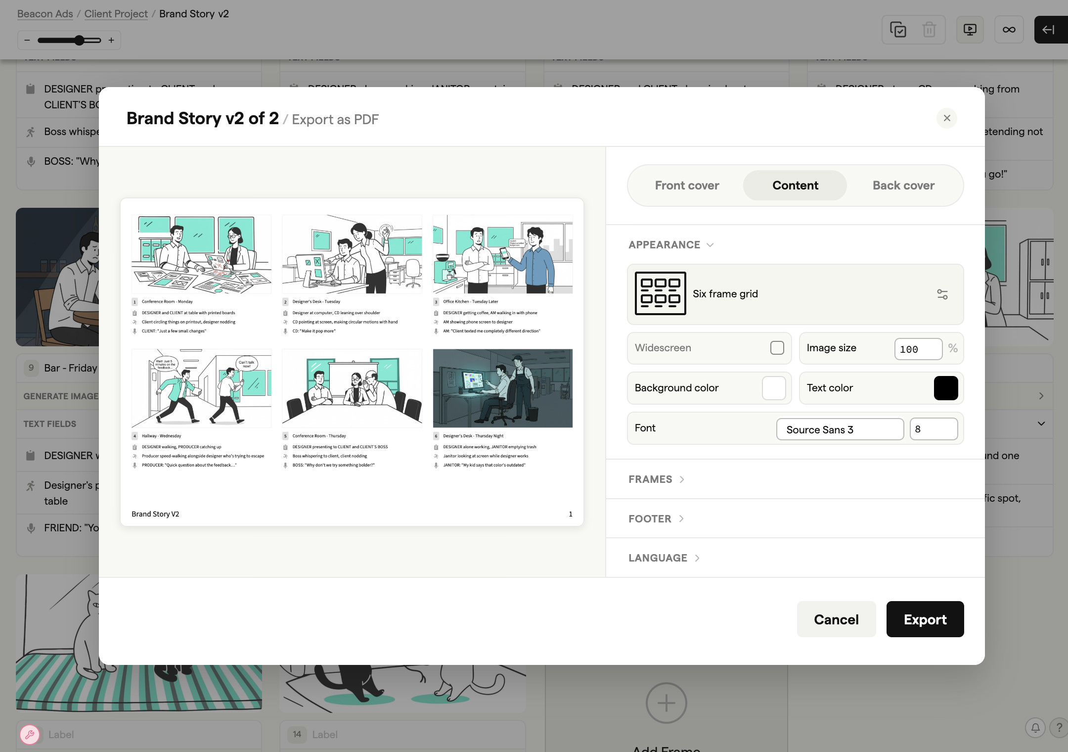 Storyboard export options showing PDF, image, and video format choices