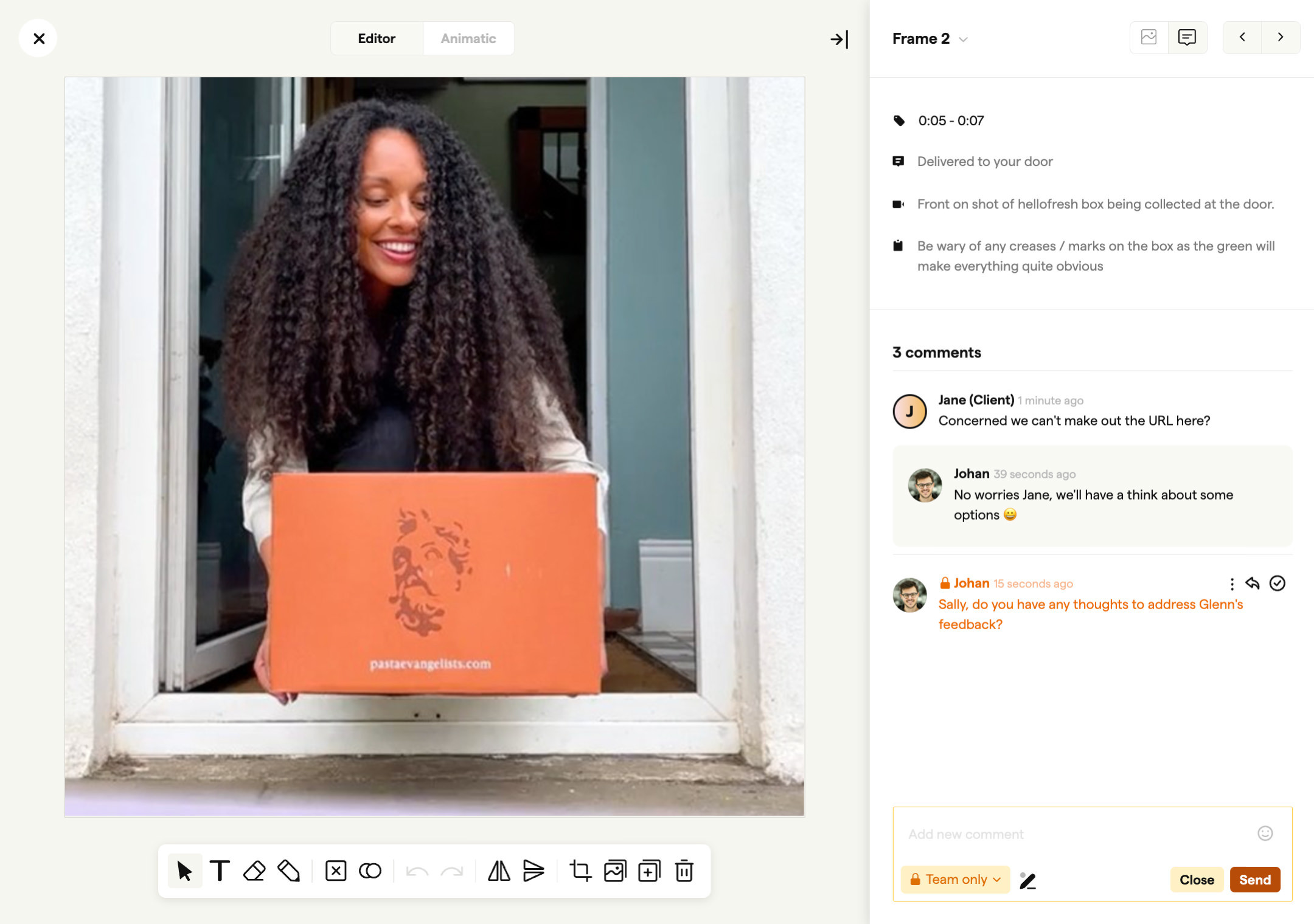 Frame-level commenting thread on a storyboard with client feedback