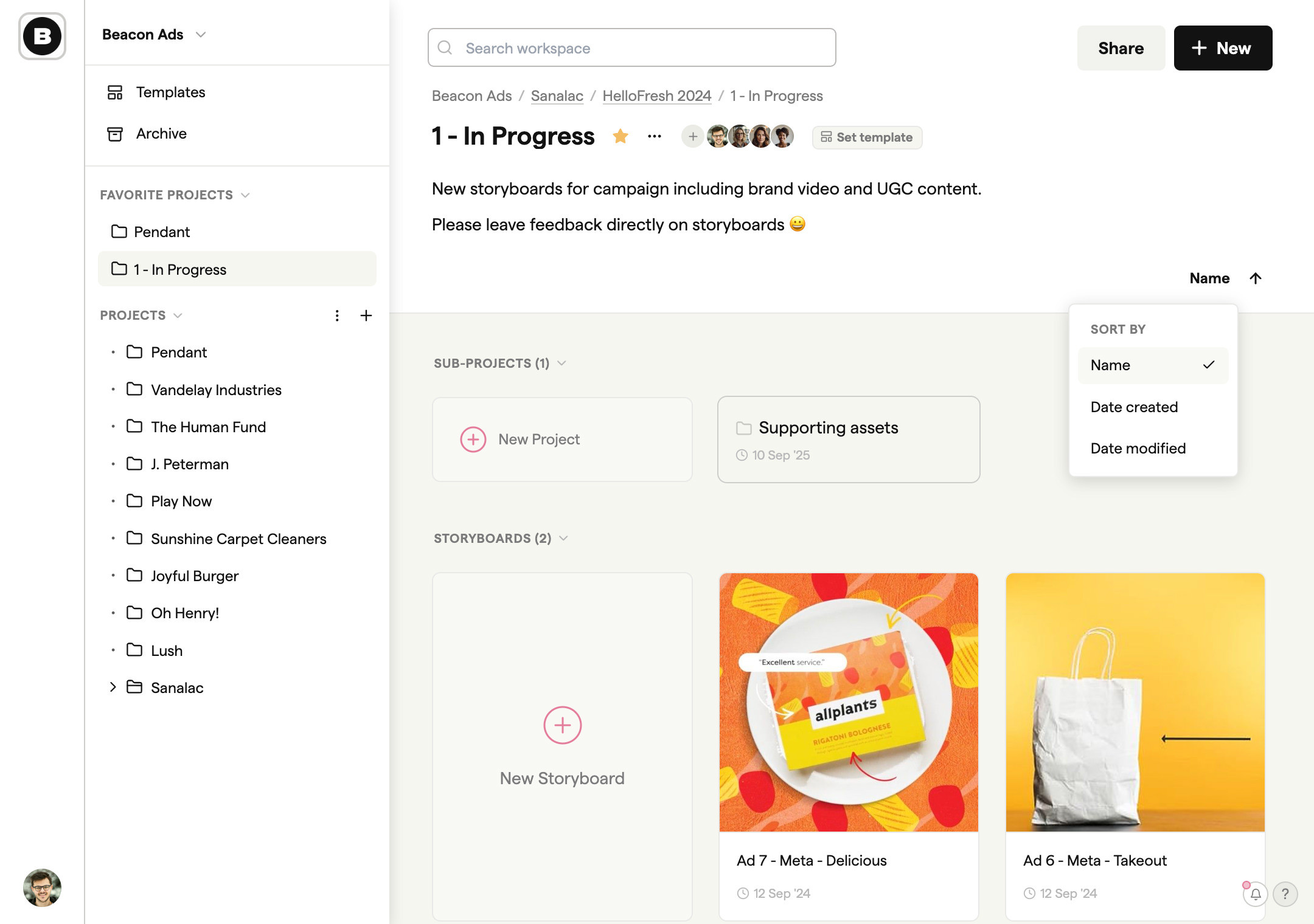 Project folder view organizing storyboards by client and project