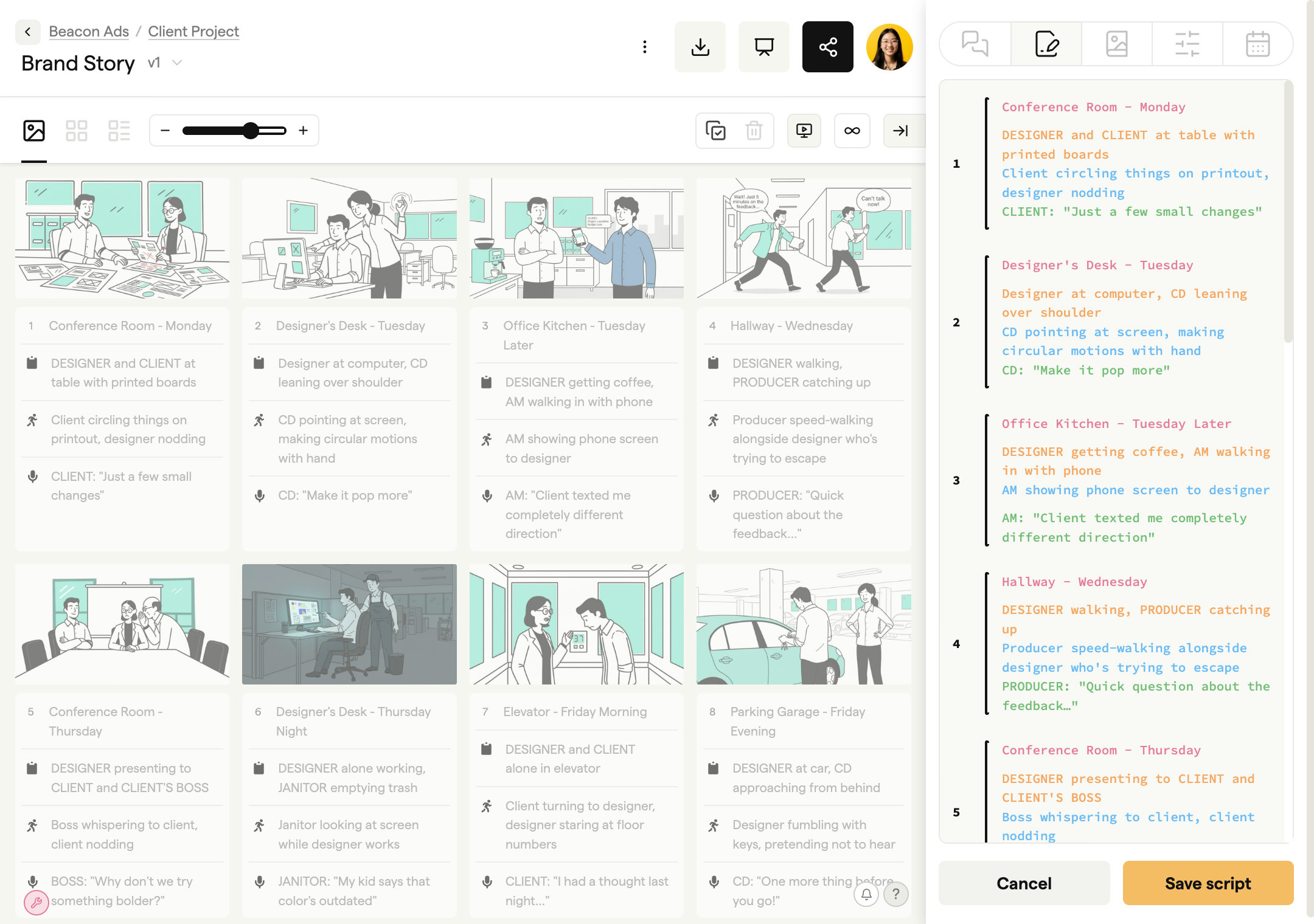 Script editor alongside AI-generated storyboard frames showing script to storyboard conversion