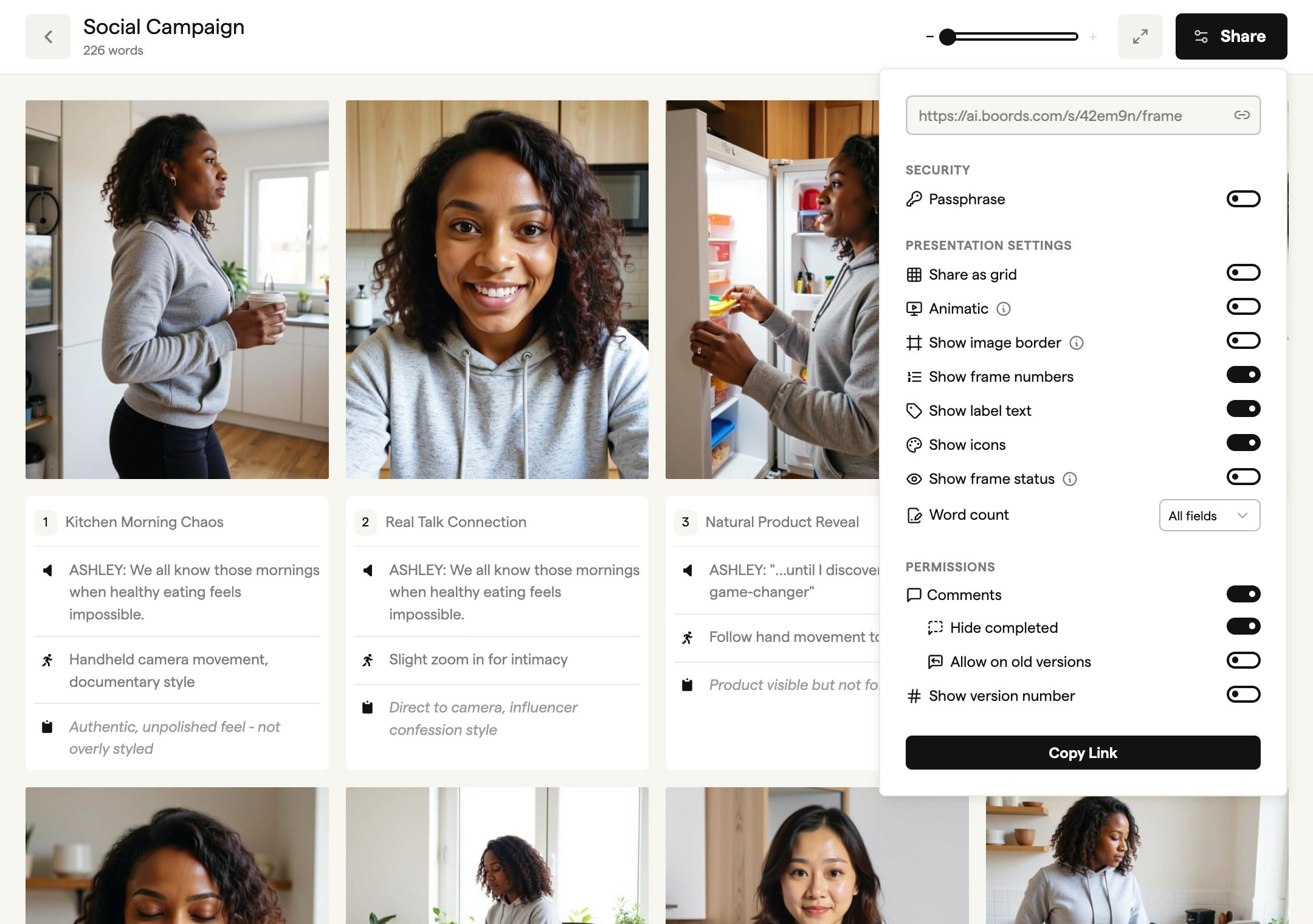 Storyboard presentation link sharing dialog with passphrase protection