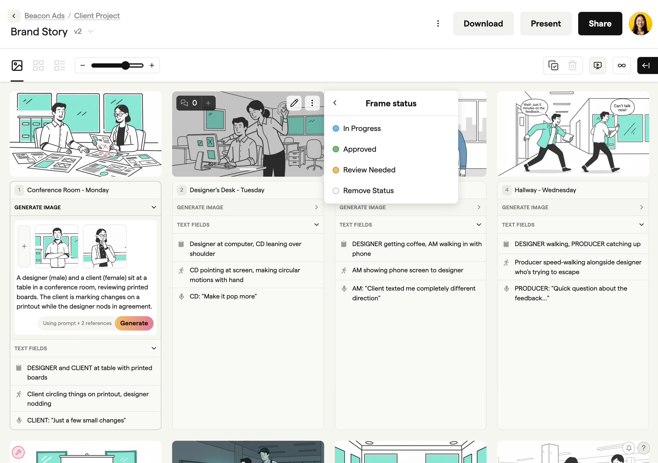 Storyboard approval workflow showing frame status labels and progress tracking