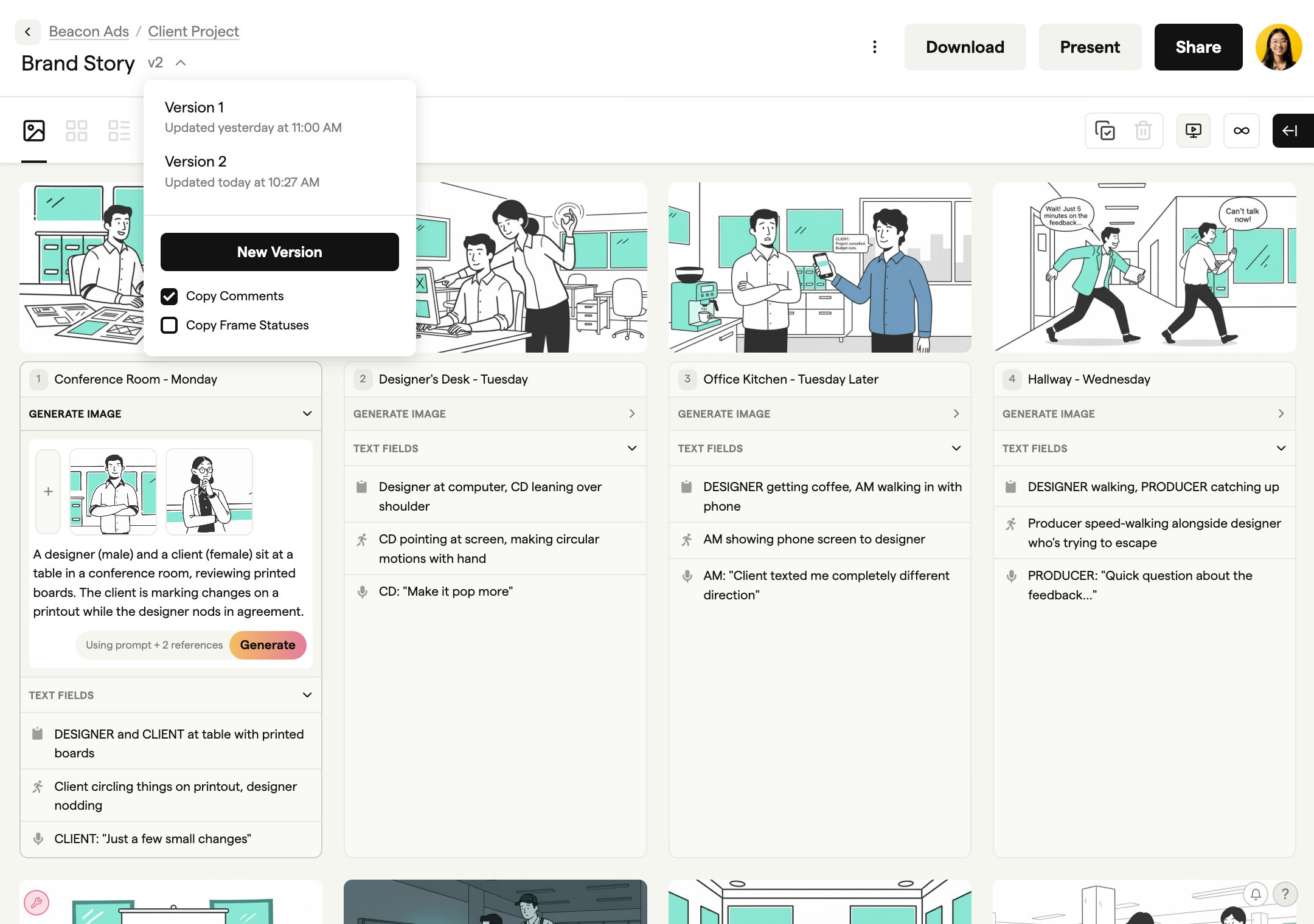 Version history panel comparing storyboard revisions side by side
