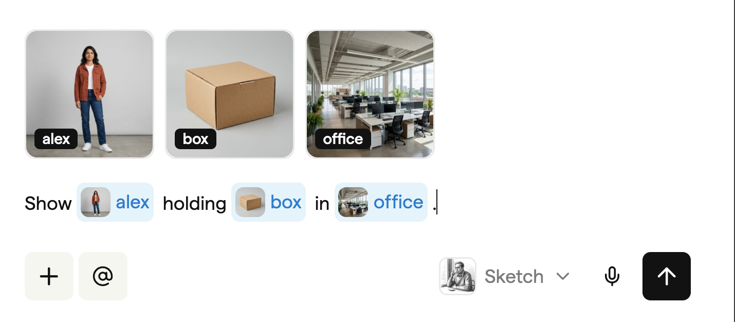 The storyboard Agent composer with Alex, Box and Office selected as references