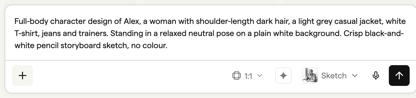 A character description in the Playground prompt with Sketch selected and the Image model control visible