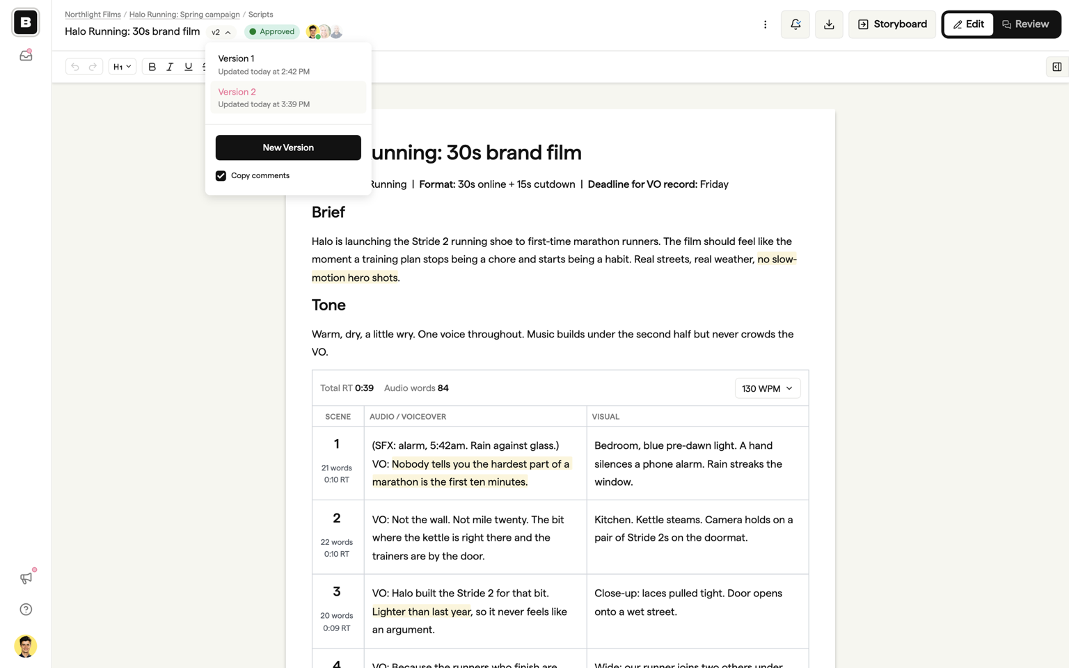 The version dropdown open, showing versions and the New Version button with the copy comments option