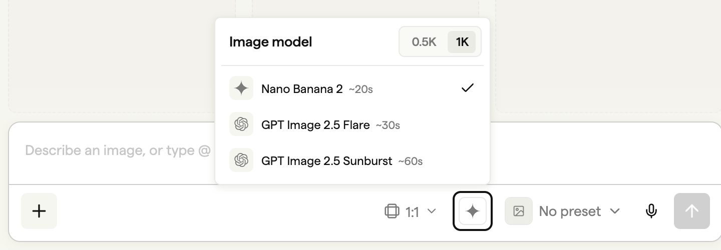 The Playground Image model menu with three providers and resolution controls