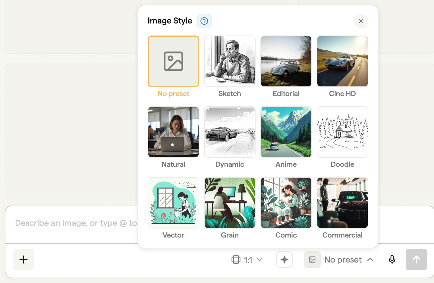 The current Image Style picker, including No preset, Sketch and Editorial